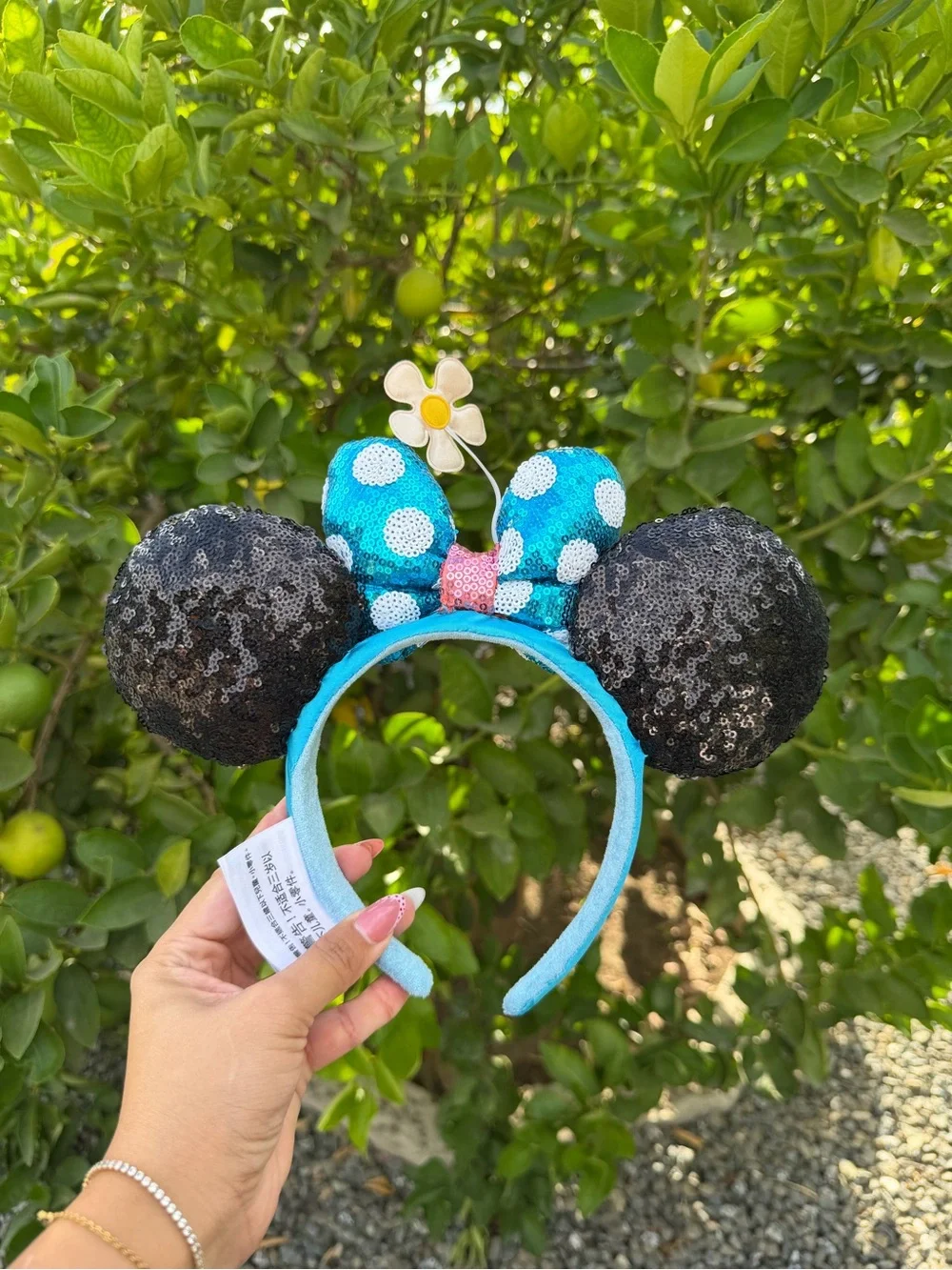 Sequin Minnie Ear Headband with Blue Polka Dot Bow